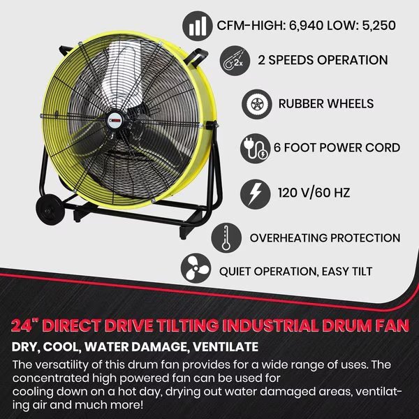 24" Direct Drive Tilting Industrial Drum Fan, Safety Yellow, K-Tool International, Mfr#: KTI77740