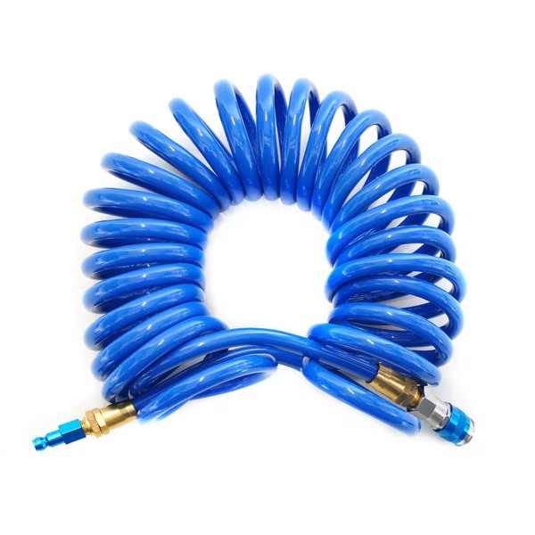 25-Foot Coiled 3/8" ID Air Hose with Reusable 1/4" NPT Brass and Quick Connect Fittings, Steelman, Mfr#: 50041-WMQ-IND