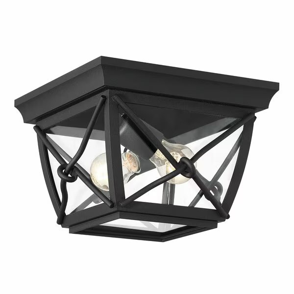 Belmont 2-Light Black Outdoor Ceiling Flush Mount Light with Clear Glass Shade, Designers Fountain, Mfr#: 34835-BK