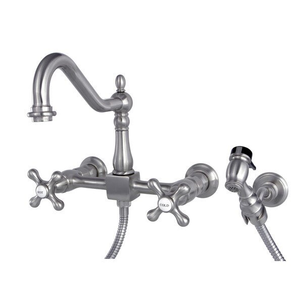 KS1248AXBS 2-Handle 8" Wall Mount Kitchen Faucet with Brass Sprayer, Heritage, Mfr#: KS1248AXBS