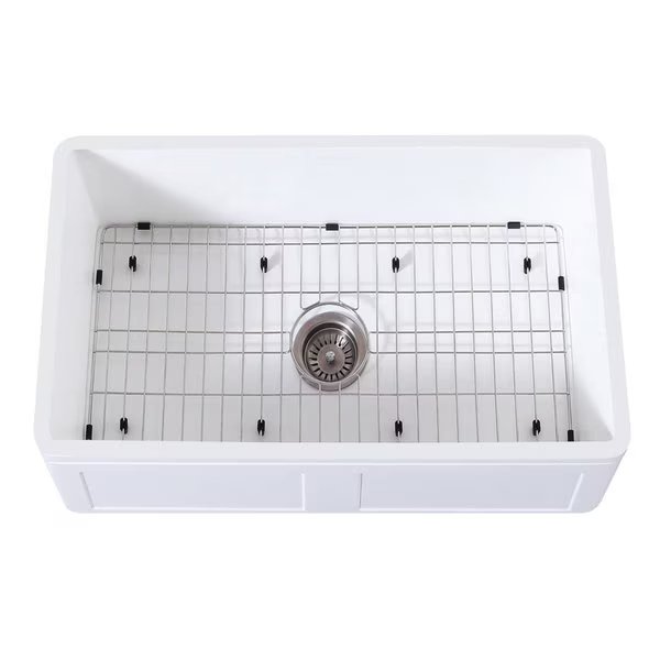 Farmhouse Single Bowl Kitchen Sink W/ Strainer & Grid, White/, Gourmetier, Mfr#: KGKFA301810DS