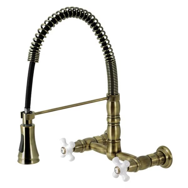 Heritage Two-Handle Wall-Mount Pull-Down Sprayer Kitchen Faucet, Brass, Gourmetier, Mfr#: GS1243PX