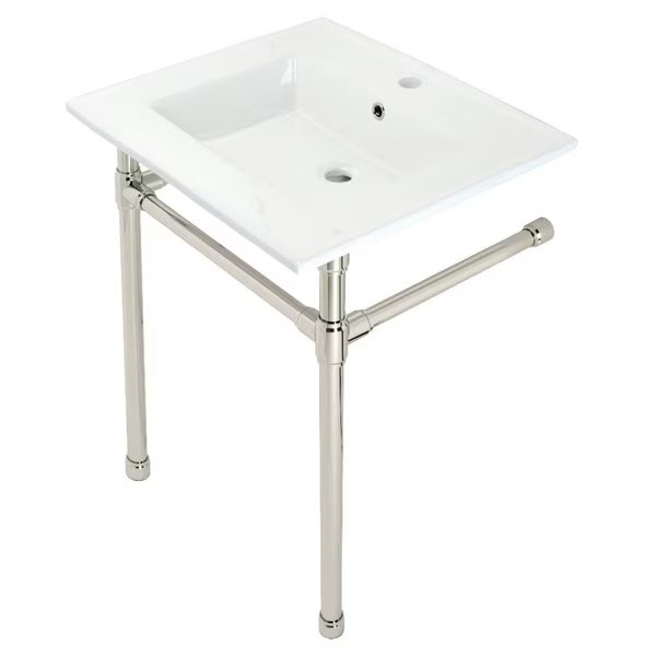 Dreyfuss 25" Console Sink W/ SS Leg (Sgl Faucet Hole), White/ Nickel, Fauceture, Mfr#: KVPB2522716