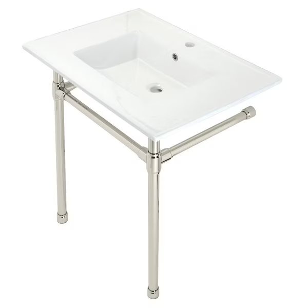 Dreyfuss 31" Console Sink W/ SS Leg (Sgl Faucet Hole), White/ Nickel, Fauceture, Mfr#: KVPB3122716