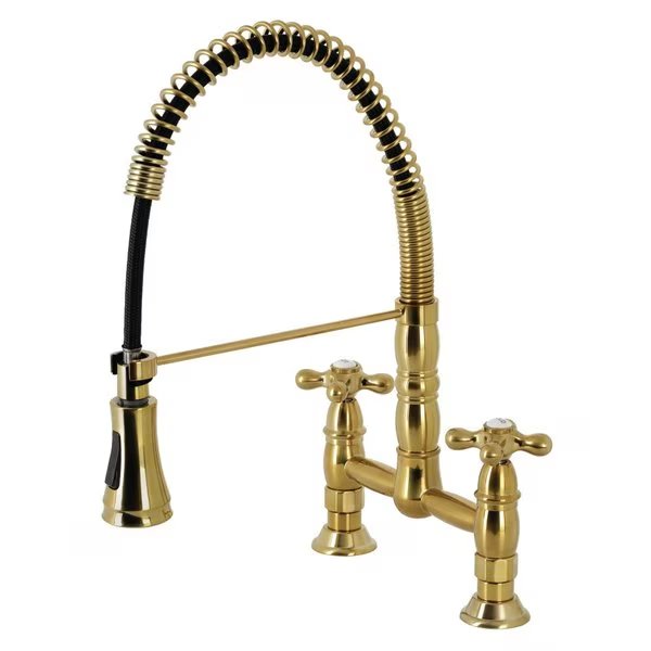 Heritage Two-Handle Deck-Mount Pull-Down Sprayer Kitchen Faucet, Brushed Brass, Gourmetier, Mfr#: GS1277AX