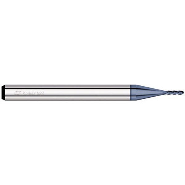 0.052 Carbide Endmill 4 Flute Micro Ball Nose ALTIN Coated, Kodiak Cutting Tools, Mfr#: 5526653
