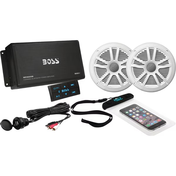 500W High Output 4 Channel Amplifier w/ 2 Marine Speakers & USB Cable, Boss Audio, Mfr#: ASK902B.6