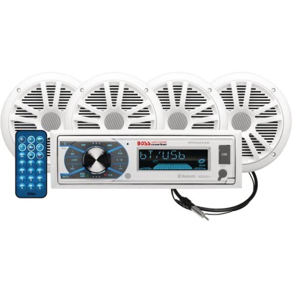 Boss Audio MCK632WB64 Single-DIN AM/FM Receiver w/ 2 Pair 6.5" Marine Speakers & Antenna, White, Boss Audio, Mfr#: MCK632WB64