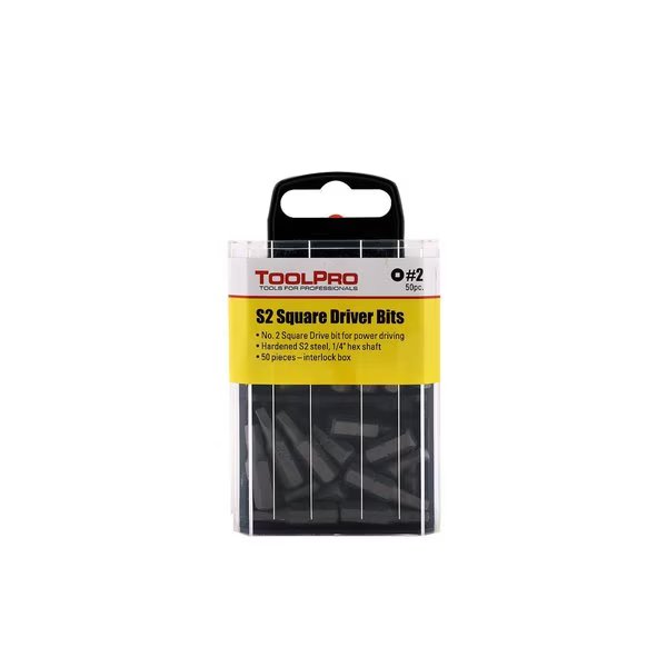 2 Square Drive Bit Tips in Interlocking Storage Box 50Pack, 50PK, Toolpro, Mfr#: TP60650