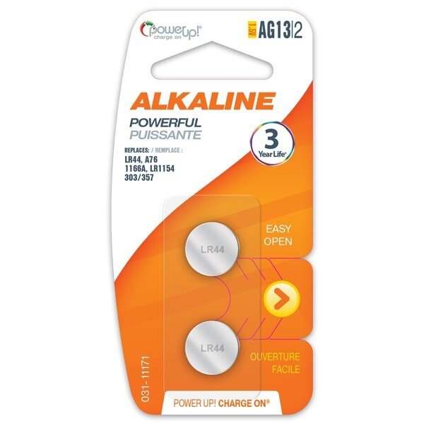 Batteries Button Cell Alkaline AG13 1.5v, PK 2, Power Up!, Mfr#: 031-11171