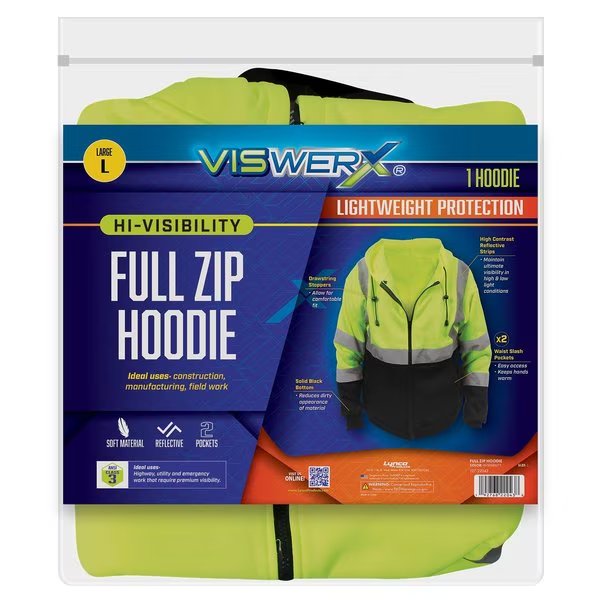 Hi-Vis Full Zip Hoodie - ANSI CL2 LG, Viswerx, Mfr#: 127-22043