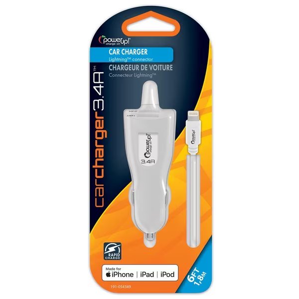 DC Car Charger 3.4a w/1USB - MFI Apple 8-pin, Power Up!, Mfr#: 191-054349