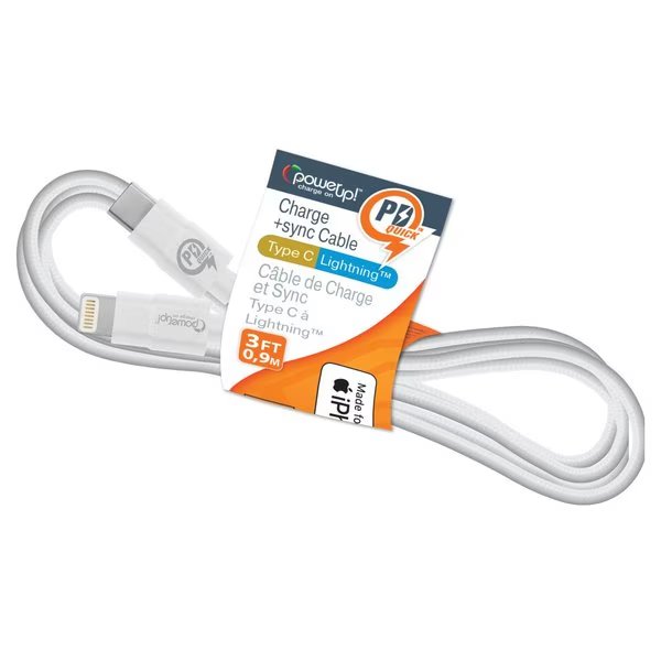 USB Cable-Type C to MFI C94 8-pin 3ft Braided, Power Up!, Mfr#: 191-05662