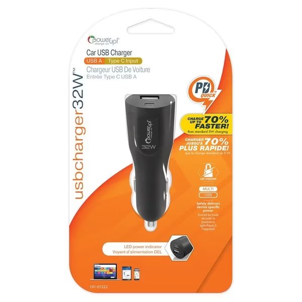 USB Charger-Car Plug 32w 2 Ports USB USB-C, Power Up!, Mfr#: 191-07222