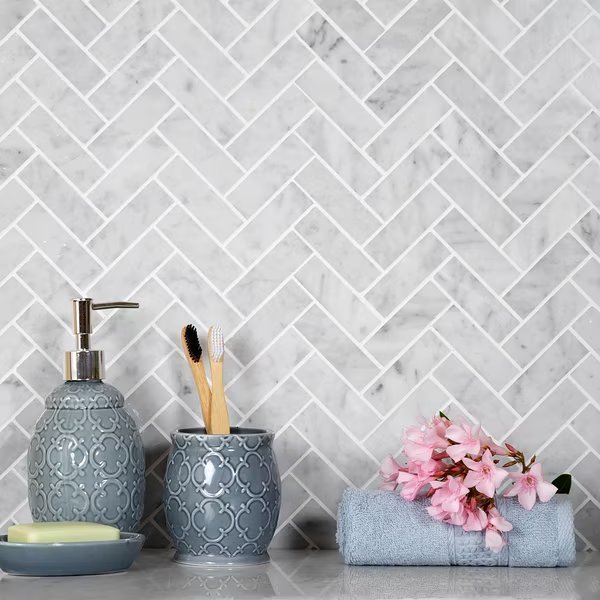 Sample, 1X3 Honed Carrara Herringbone 12.8"x11.9" Marble Mosaic Tile, Apollo Tile, Mfr#: APLKB99H05PEC29 Sample