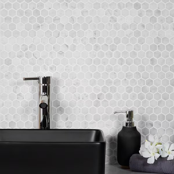 Sample of 1" Honed Carrara Hexagon 11.2"x11.7" Marble Mosaic Tile, Apollo Tile, Mfr#: APLKB99G02HGEC26 Sample