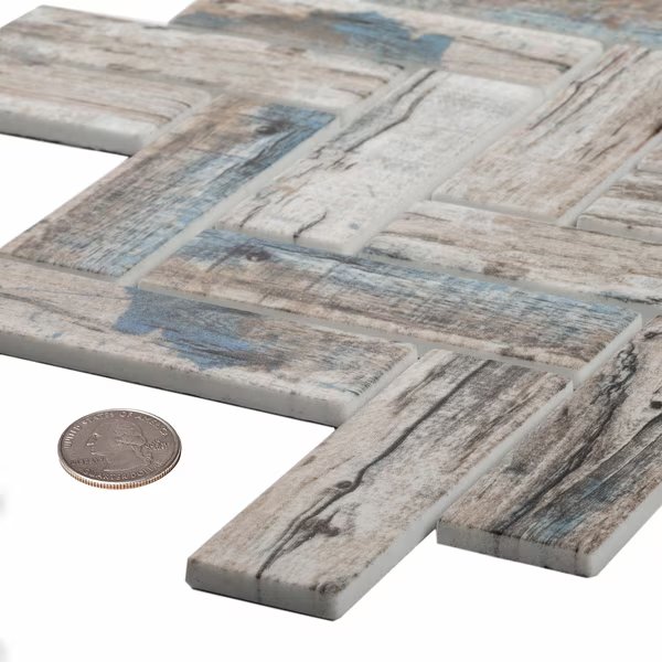 Sample of Blue/Beige Herringbone 11"X12.6" Recycled Glass Mosaic Tile, Apollo Tile, Mfr#: APLNNC9906BLEC35 Sample