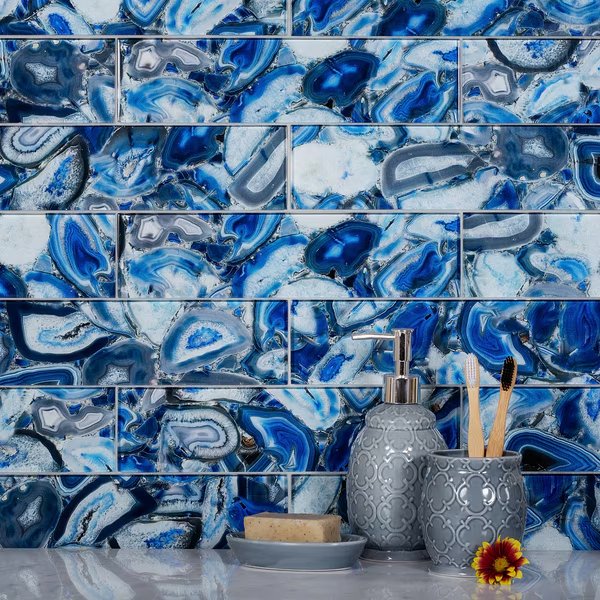 Sample of 3X12 Blue Agate Subway 5Sq.Ft Glass Tile, Apollo Tile, Mfr#: AG-02BL Sample