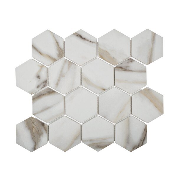 Sample, Beige&White 2" Hexagon 10.2"X11.7" Recycled Glass Mosaic Tile, Apollo Tile, Mfr#: APLNNH9902CLEC36 Sample