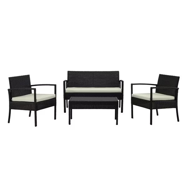 Noli  Steel Rattan 4-Piece Patio Conversation Set with Cushions in Cream, Manhattan Comfort, Mfr#: OD-CV007-CR