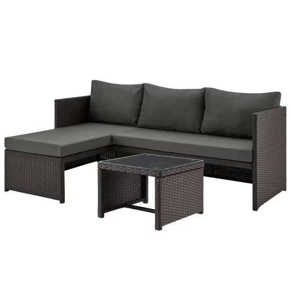 Menton Steel Rattan 2-Piece Chair Lounge and 2 Seater with Coffee Table Patio Set in Grey, Manhattan Comfort, Mfr#: OD-CV009-GY