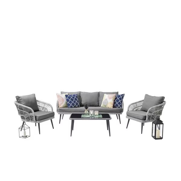 Riviera Rope Wicker 4-Piece 5 Seater Patio Conversation Set with Cushions in Grey, Manhattan Comfort, Mfr#: OD-CV015-GY