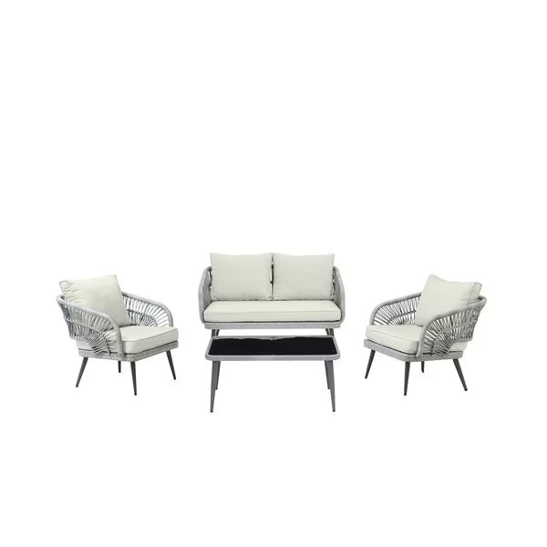 Riviera Rope Wicker 4-Piece 4 Seater Patio Conversation Set with Cushions in Cream, Manhattan Comfort, Mfr#: OD-CV016-CR