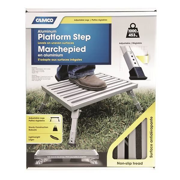 STEP STOOL, ALUMINUM PLATFORM STEP, ADJUSTABLE HEIGHT, Camco, Mfr#: 43676