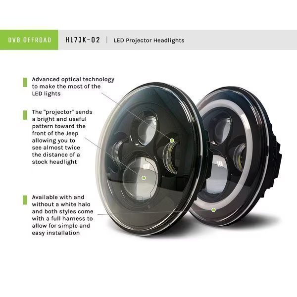 JEEP WRANGLER 07-18 LED HEADLIGHTS W/ANGEL EYES PAIR W/ANTIFLICKERS, Dv8 Offroad, Mfr#: HL7JK-02
