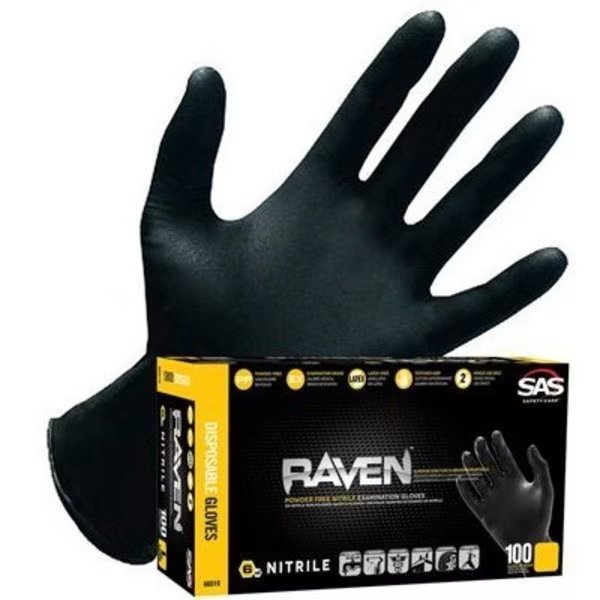 Raven, Nitrile Disposable Gloves, Textured, 7 mil Palm, Nitrile, Powder-Free, XL, 100 PK, Black, Sas Safety, Mfr#: SA66519
