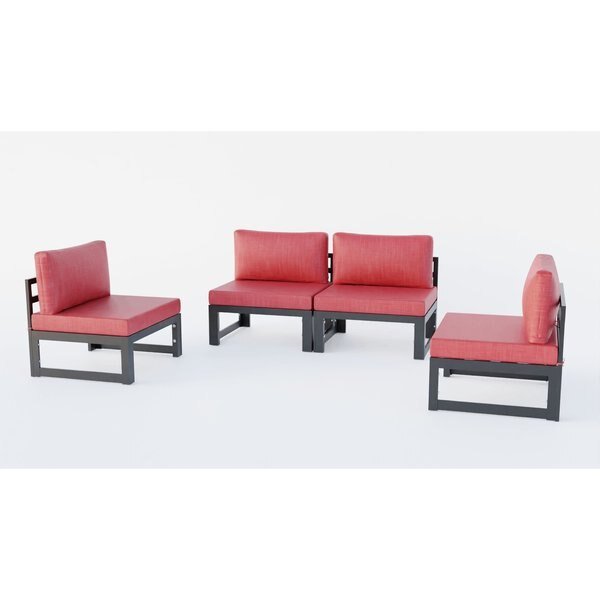 Chelsea 4-Piece Middle Patio Chairs Black Aluminum With Red Cushions, Leisuremod, Mfr#: CSBL-4R