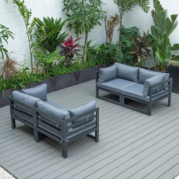 Chelsea 4-Piece Sectional Loveseat Set Black Aluminum with Blue Cushions, Leisuremod, Mfr#: CSCBL-4BU