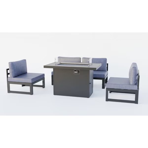 Chelsea 5-Piece Middle Patio Chairs and Fire Pit Table Set Black Aluminum With Blue Cushions, Leisuremod, Mfr#: CSFBL-4BU