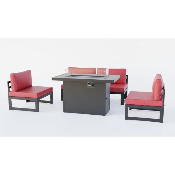 Chelsea 5-Piece Middle Patio Chairs and Fire Pit Table Set Black Aluminum With Red Cushions, Leisuremod, Mfr#: CSFBL-4R