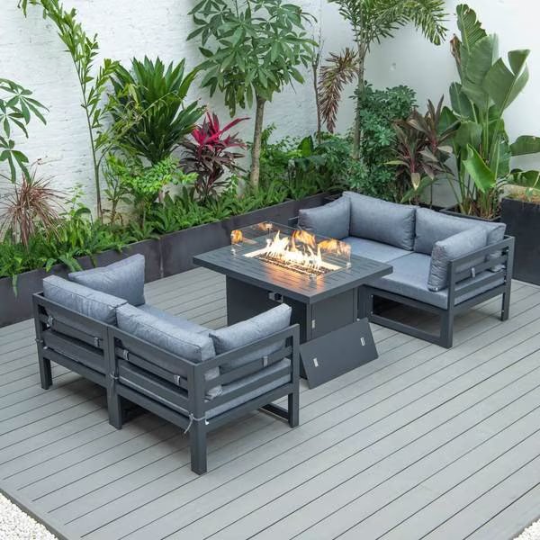Chelsea 5-Piece Sectional Loveseat and Fireplace Set Black Aluminum with Blue Cushions, Leisuremod, Mfr#: CSFCBL-4BU