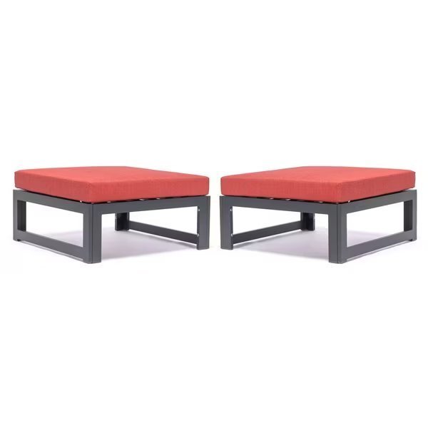 Chelsea Outdoor Patio Black Aluminum Ottomans With Red Cushions, Leisuremod, Mfr#: CSO30R2