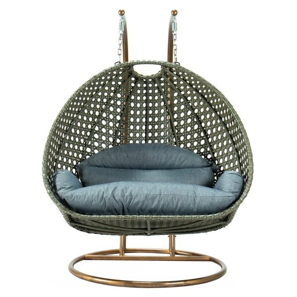 Beige Wicker Hanging 2 person Egg Swing Chair with Charcoal Blue Cushions, Leisuremod, Mfr#: ESCBG-57CBU