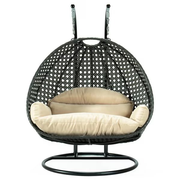 Charcoal Wicker Hanging 2 person Egg Swing Chair with Beige Cushions, Leisuremod, Mfr#: ESCCH-57BG