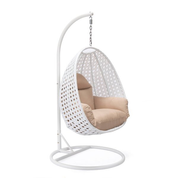 White Wicker Hanging Egg Swing Chair with Beige Cushions, Leisuremod, Mfr#: ESCW-40BG