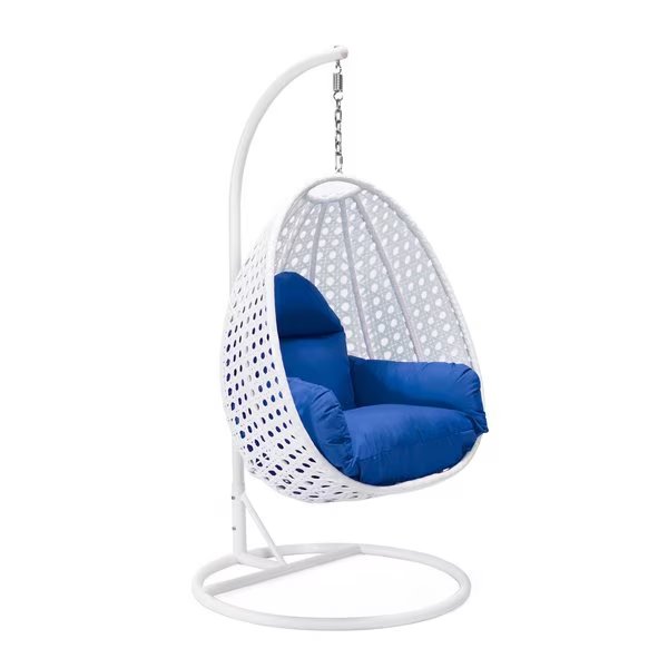 White Wicker Hanging Egg Swing Chair with Blue Cushions, Leisuremod, Mfr#: ESCW-40BU