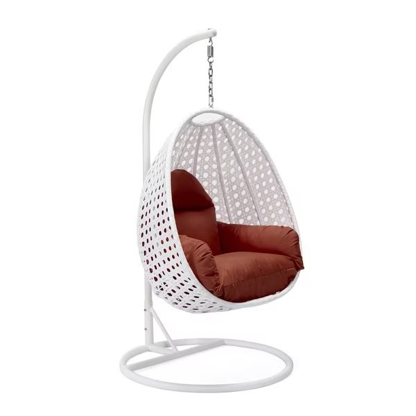 White Wicker Hanging Egg Swing Chair with Dark Green Cushions, Leisuremod, Mfr#: ESCW-40DG