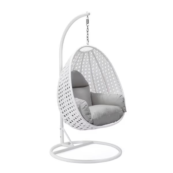 White Wicker Hanging Egg Swing Chair with Light Grey Cushions, Leisuremod, Mfr#: ESCW-40LGR