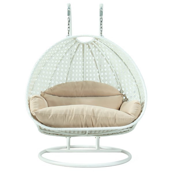 White Wicker Hanging 2 person Egg Swing Chair with Beige Cushions, Leisuremod, Mfr#: ESCW-57BG