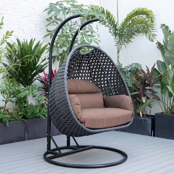 Mendoza Charcoal Wicker Hanging 2 person Egg Swing Chair with Brown Cushions, Leisuremod, Mfr#: MSCCH-53BR