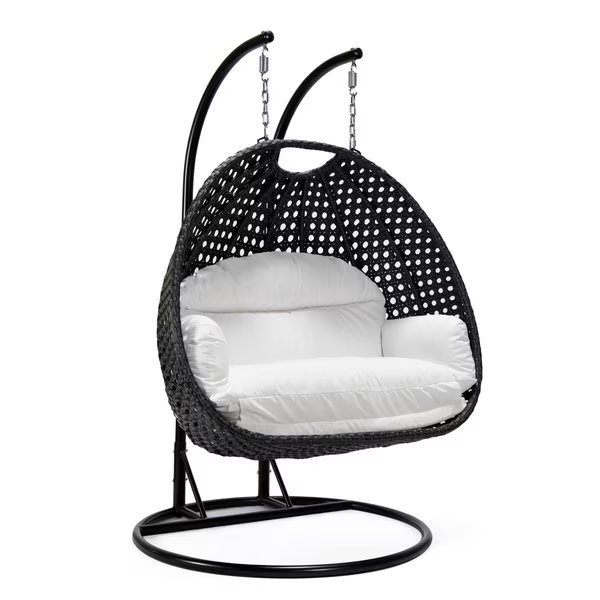 Mendoza Charcoal Wicker Hanging 2 person Egg Swing Chair with White Cushions, Leisuremod, Mfr#: MSCCH-53W