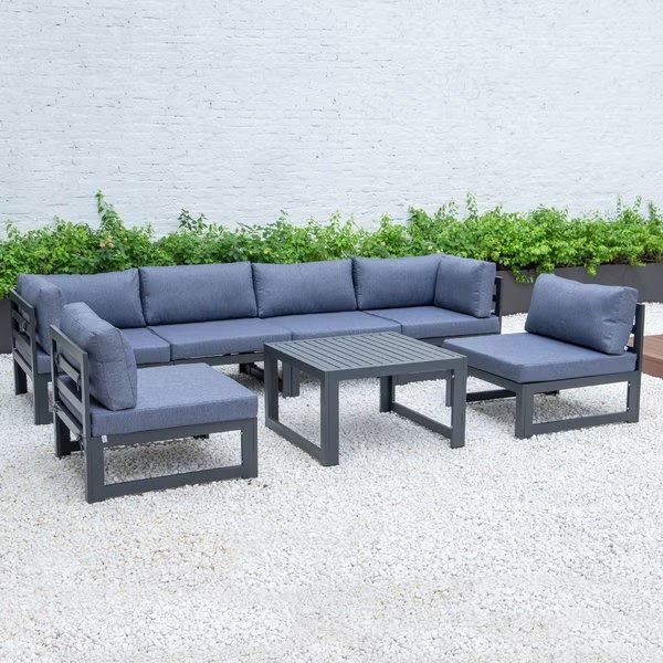 Chelsea 7-Piece Patio Sectional And Coffee Table Set Black Aluminum With Blue Cushions, Leisuremod, Mfr#: CSTBL-7BU