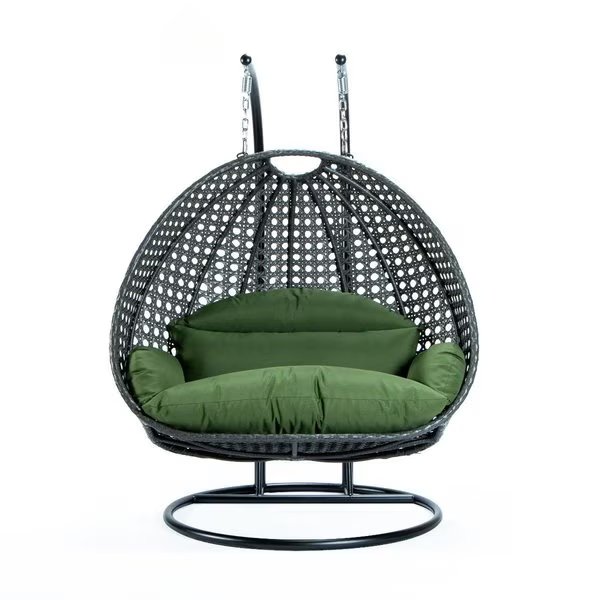 Charcoal Wicker Hanging 2 person Egg Swing Chair with Dark Green Cushions, Leisuremod, Mfr#: ESCCH-57DG