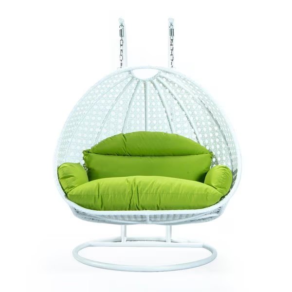 White Wicker Hanging 2 person Egg Swing Chair with Light Green Cushions, Leisuremod, Mfr#: ESCW-57LG