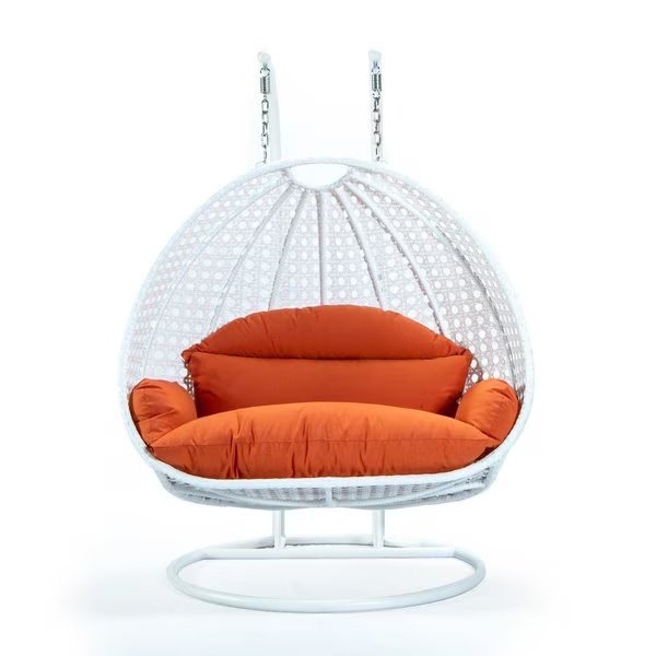 White Wicker Hanging 2 person Egg Swing Chair with Orange Cushions, Leisuremod, Mfr#: ESCW-57OR