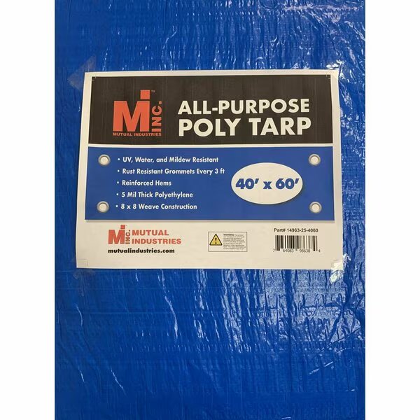 40 ft x 60 ft 5 Mil Tarp, Blue, UV Resistant, Mildew Resistant, Mutual Industries, Mfr#: 14963-25-4060